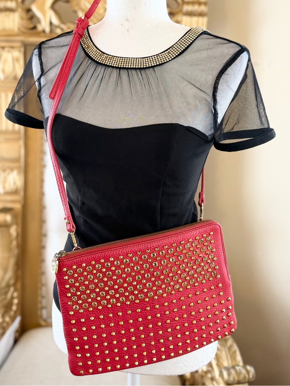 MCM Red Leather Crossbody Bag With Swarovski crystals & COA